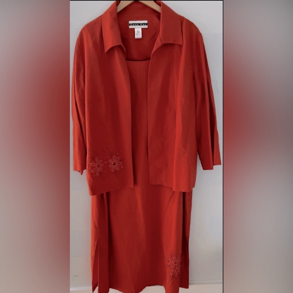 Dana Kay Orange Jacket Dress 20W embroidered floral details EUC